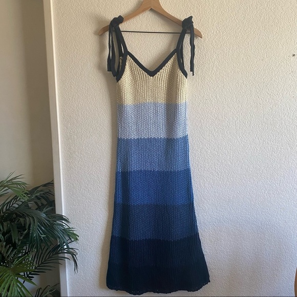 Zara Stripe Knit Midi Dress Tie Straps Blue Small - Picture 8 of 11